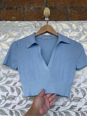 Anna October Blue Ribbed Knit Polo Crop Top V-Neck Viscose size 6